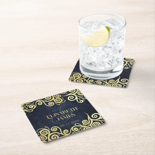 ラグジュアリーネイビーブルーと金ゴールドが輝く冬の結婚式 スクエアペーパーコースター (インサイチュ)