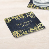 ラグジュアリーネイビーブルーと金ゴールドが輝く冬の結婚式 スクエアペーパーコースター (アングル)