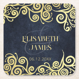 ラグジュアリーネイビーブルーと金ゴールドが輝く冬の結婚式 スクエアペーパーコースター