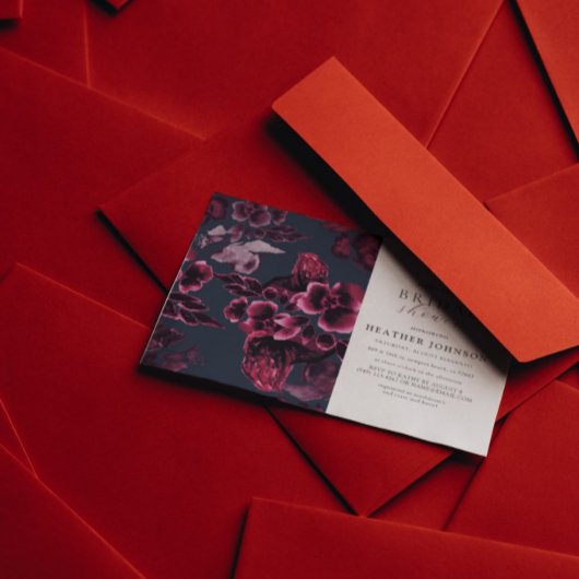 ラグジュアリーネイビーブルーアンドブルゴーニュフローラブライダルシャワー 招待状