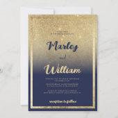 ラグジュアリーネイビーブルーグラデーション金ゴールド結婚グリッター 招待状 (正面)