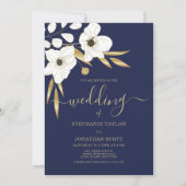 ラグジュアリーネイビーブルーホワイト金ゴールド結婚フローラ 招待状 (正面)
