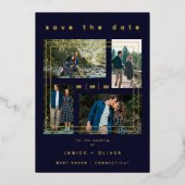 ラグジュアリーネイビーブルーミニマル結婚リストトレンディーズコラージュ 箔招待状 (正面)