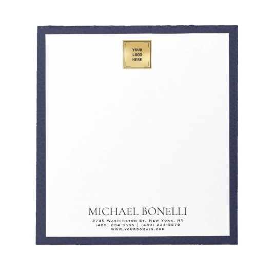 ラグジュアリーネイビーブルーレザースクエアロゴプロフェッショナル ノートパッド (正面)