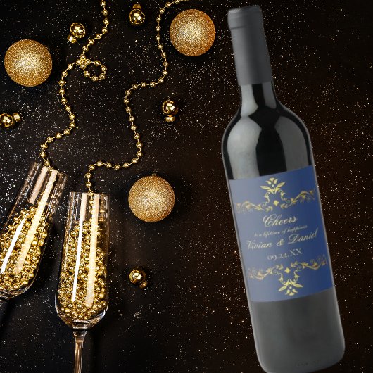 ラグジュアリーネイビーブルー結婚アンド金ゴールドズワインボトルラベ ワインラベル