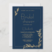 ラグジュアリーネイビーブルー金ゴールドの葉ブライダルシャワー 招待状 (正面)
