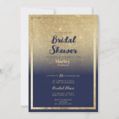 ラグジュアリーネイビーブルー金ゴールドグラデーショングリッターブライダルシャワー 招待状 (正面)