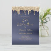 ラグジュアリーネイビーブルー金ゴールドグリッタードリップ40th誕生日 招待状 (スタンド正面)