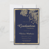 ラグジュアリーネイビーブルー金ゴールドグリッター花卒業 招待状 (正面)