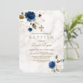 ラグジュアリーネイビーブルー金ゴールドフローラクロスマーブルバプテスマ 招待状 (スタンド正面)