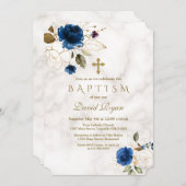ラグジュアリーネイビーブルー金ゴールドフローラクロスマーブルバプテスマ 招待状 (正面/裏面)