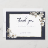 ラグジュアリーネイビーブルー金ゴールドホワイトオーキッドサンキュー 招待状 (正面)