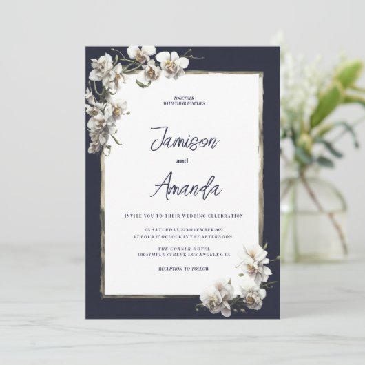 ラグジュアリーネイビーブルー金ゴールドホワイトオーキッド結婚フローラ 招待状 (スタンド正面)