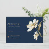 ラグジュアリーネイビーブルー金ゴールドホワイトグリッターフラワーRSVP 招待状 (スタンド正面)