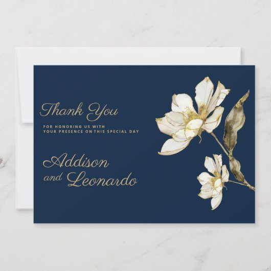 ラグジュアリーネイビーブルー金ゴールドホワイトフラワーサンキュー 招待状 (正面)