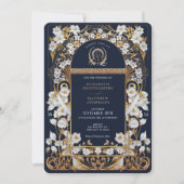 ラグジュアリーネイビーブルー&アンティーク金ゴールド結婚フローラ 招待状 (正面)