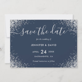 ラグジュアリーネイビーブルー&シルバーグリッター結婚ズ セーブザデート