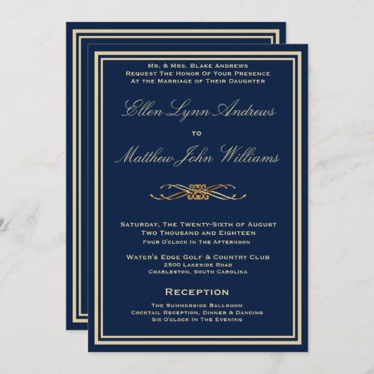 ラグジュアリーネイビーブルー – 結婚式招待状-金ゴールドトリム 招待状 (正面/裏面)