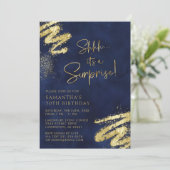 ラグジュアリーネイビーブルー&金ゴールドサプライズバースデーパーティー 招待状 (スタンド正面)