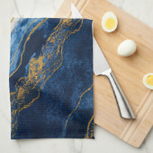 ラグジュアリーネイビーブルー&金ゴールドリーフマーブル キッチンタオル (四つ折り)