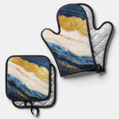 ラグジュアリーネイビーブルー&金ゴールドリーフマーブル 鍋つかみ&鍋敷きセット (正面/裏面)