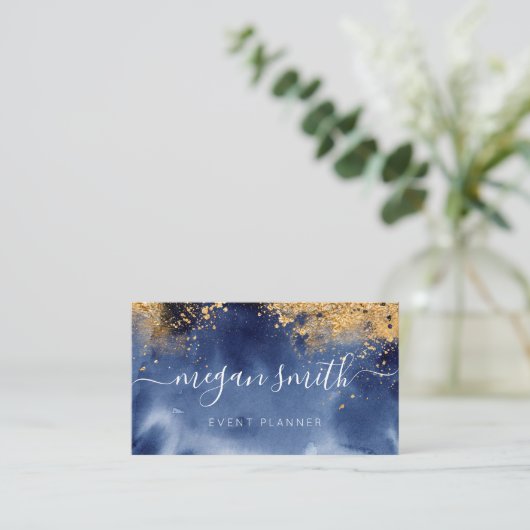 ラグジュアリーネイビー金ゴールドウォーターカラー 名刺 (スタンド正面)