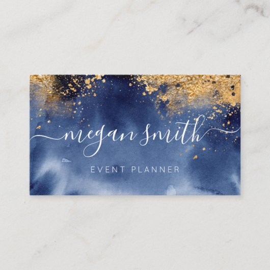 ラグジュアリーネイビー金ゴールドウォーターカラー 名刺 (正面)