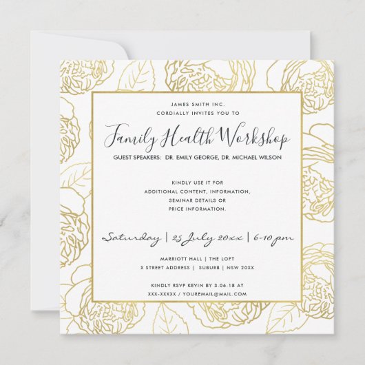 ラグジュアリーネイビー金ゴールドホワイトローズフローラワークショップイベント 招待状 (正面)