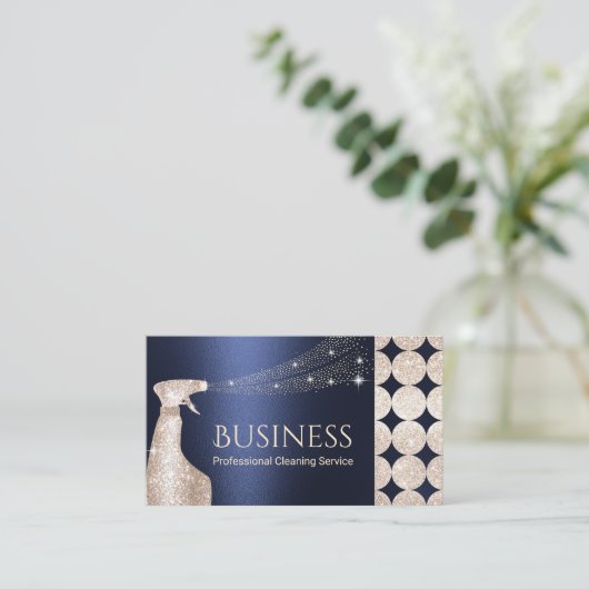 ラグジュアリーネイビー&金ゴールドハウスクリーニングサービススプレー 名刺 (スタンド正面)