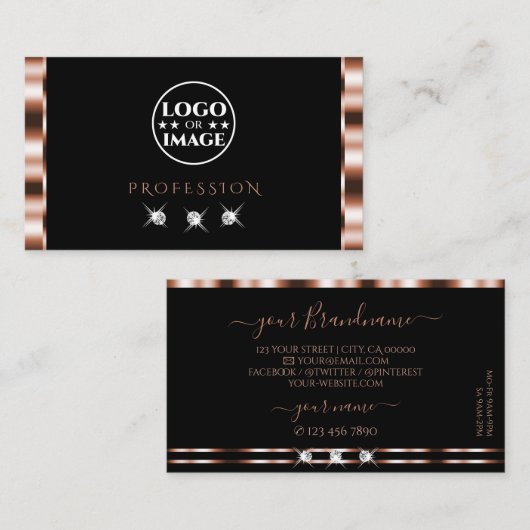 ラグジュアリーバラ金ゴールドきらめくブラックダイヤモンド追加ロゴ 名刺 (正面/裏面)