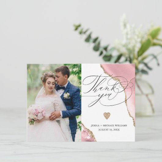 ラグジュアリーバラ金ゴールドアゲートグリッター結婚写真 サンキューカード (スタンド正面)