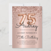 ラグジュアリーバラ金ゴールドグリッターバルーン75th誕生日 招待状 (正面)