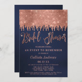 ラグジュアリーバラ金ゴールドネイビーグリッターピクセルブライダルシャワー 招待状 (正面/裏面)