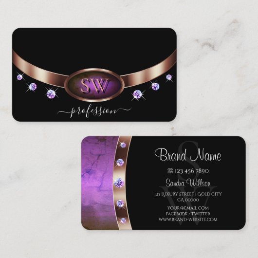 ラグジュアリーバラ金ゴールドパープルブラックイニシャルラインストーンズ 名刺 (正面/裏面)