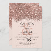 ラグジュアリーバラ金ゴールドピンクグリッター紙吹雪婚約 招待状 (正面/裏面)
