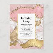 ラグジュアリーバラ金ゴールドピンクマーブルデザイン誕生日 インビテーションポストカード (正面)