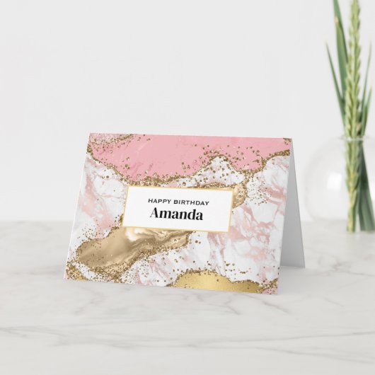 ラグジュアリーバラ金ゴールドピンクマーブルデザイン誕生日 カード (正面)