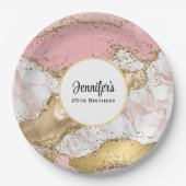 ラグジュアリーバラ金ゴールドピンクマーブルデザイン誕生日 ペーパープレート (正面)