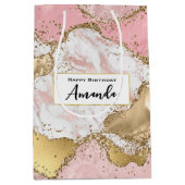 ラグジュアリーバラ金ゴールドピンクマーブルデザイン誕生日 ミディアムペーパーバッグ (正面)