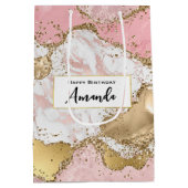 ラグジュアリーバラ金ゴールドピンクマーブルデザイン誕生日 ミディアムペーパーバッグ (裏面)