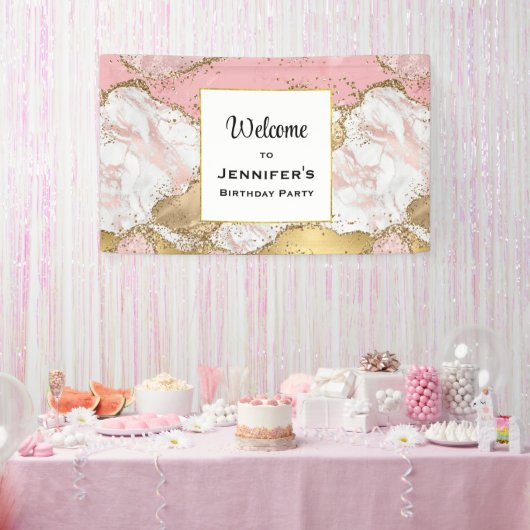ラグジュアリーバラ金ゴールドピンクマーブルデザイン誕生日 横断幕 (パーティー)