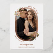 ラグジュアリーバラ金ゴールド葉ブランチオーバルフレームフォト 箔招待状 (正面)