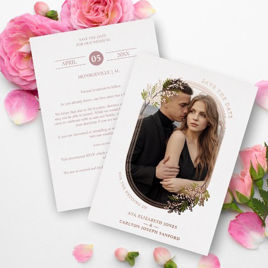 ラグジュアリーバラ金ゴールド葉ブランチオーバルフレームフォト 箔招待状