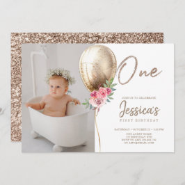 ラグジュアリーバルーングリッターファースト誕生日写真 招待状
