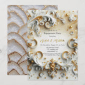 ラグジュアリーバロックスタイルホワイト金ゴールド婚約パーティ 招待状 (正面/裏面)