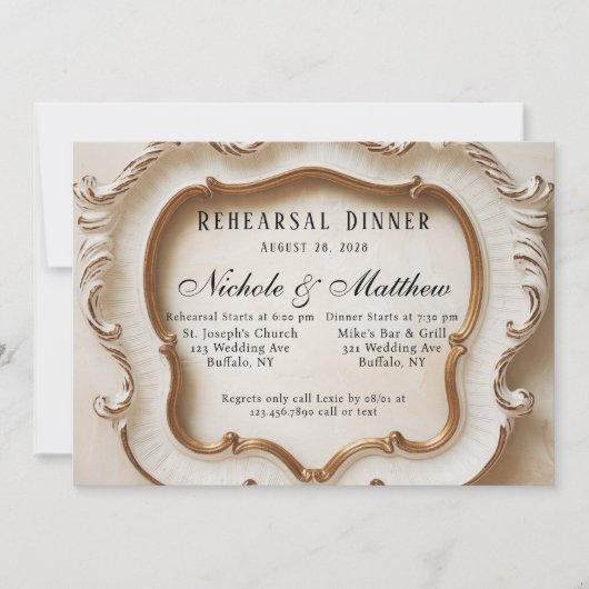 ラグジュアリーバロックホワイト&金ゴールドリハーサルディナー 招待状 (正面)