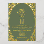 ラグジュアリーバロック緑と金ゴールド結婚ズ 箔招待状 (正面)