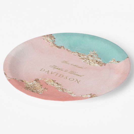 ラグジュアリーパステルウォーターカラーゴールドフォイル結婚ズ ペーパープレート (アングル)