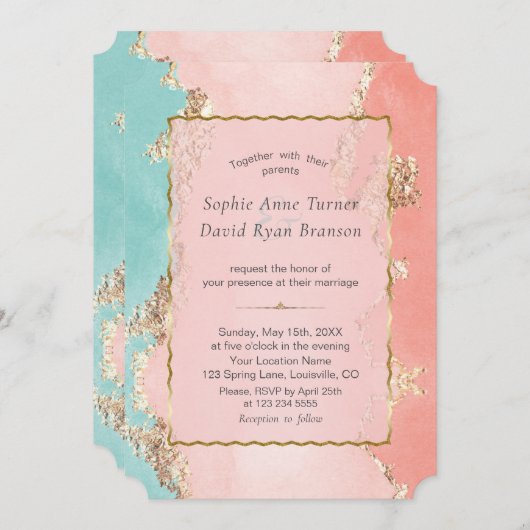 ラグジュアリーパステルウォーターカラーゴールドフォイル結婚ズ 招待状 (正面/裏面)