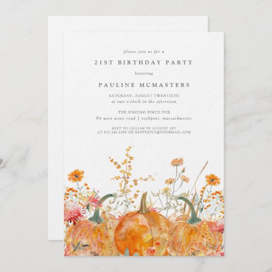 ラグジュアリーパンプキンワイルドフラワー秋21st誕生日 招待状 (正面/裏面)
